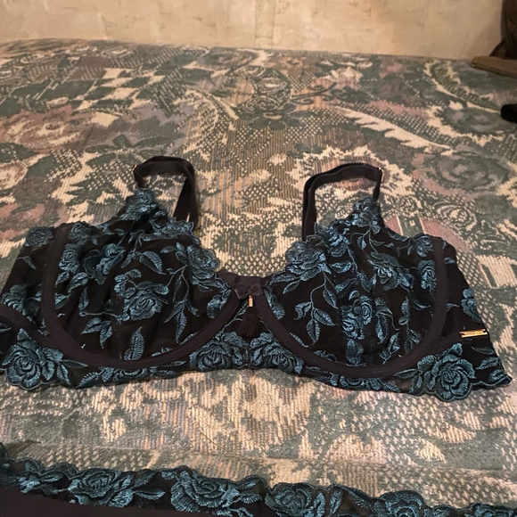 La Vie En Rose Lingerie Set Teal Black Lace Sheer Sexy Forest Green Goth 36C - Picture 8 of 12